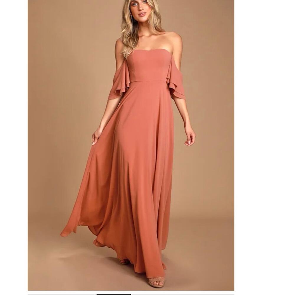 Lulus Abbington Rusty Rose Off Shoulder Maxi Dress Size Small